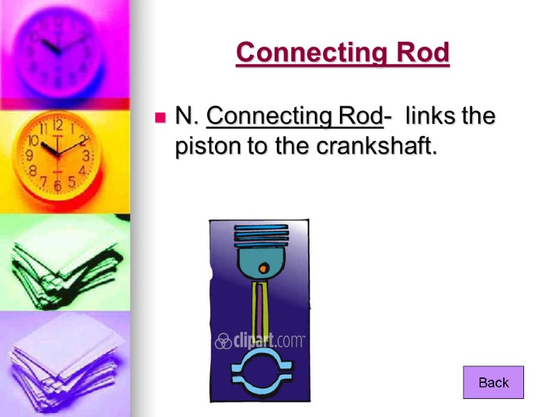 Connecting Rod N. Connecting Rod-  links the piston to the crankshaft. Back